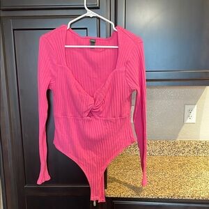 Wild Fable Pink Ribbed Knit Bodysuit with Twisted V-Neck